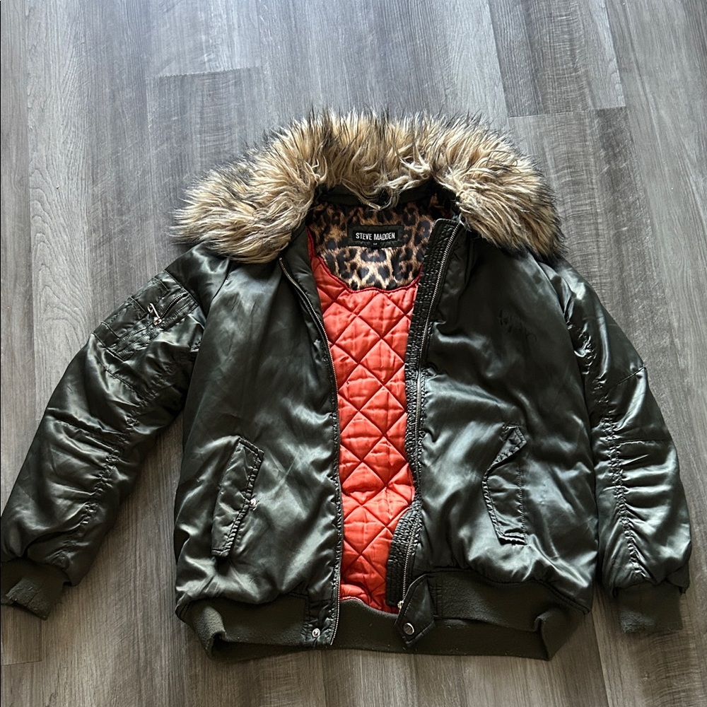 Steve Madden Green Bomber Jacket with Faux Fur